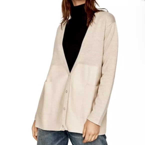 Zara Women’s Knit Sweater Cardigan Snaps Vegan leather pockets Cream XL Overs. - Picture 1 of 12